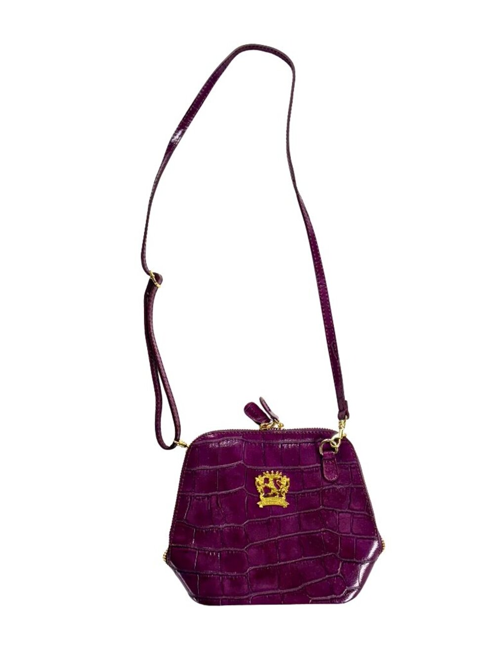 Braccialini Firenze Crossbody Bag Plum Purple Croc Embossed Leather OS